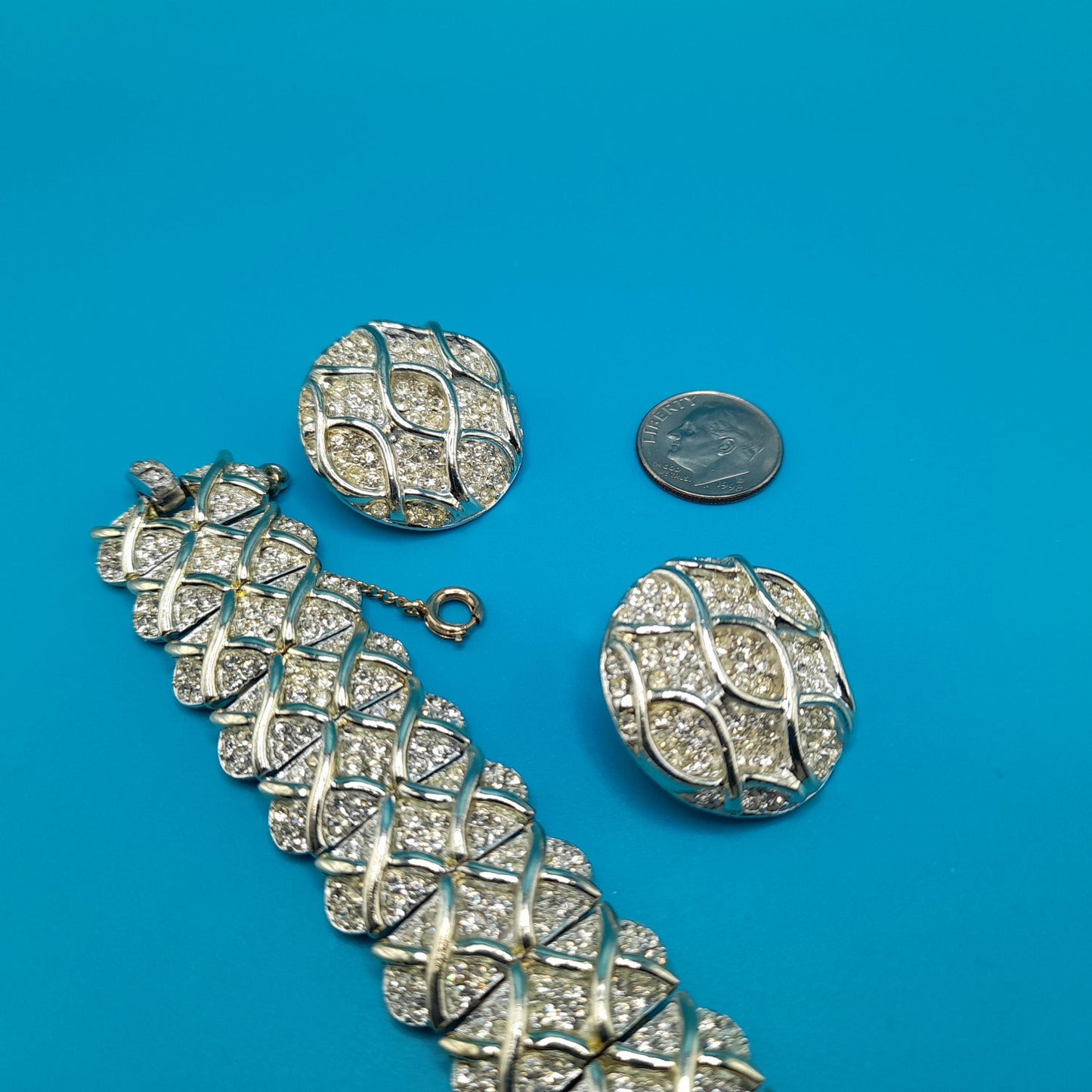 Vintage Kramer Bracelet Clip Earrings Set, Clear Rhinestones, Rhodium Plated, 1960s Jewelry