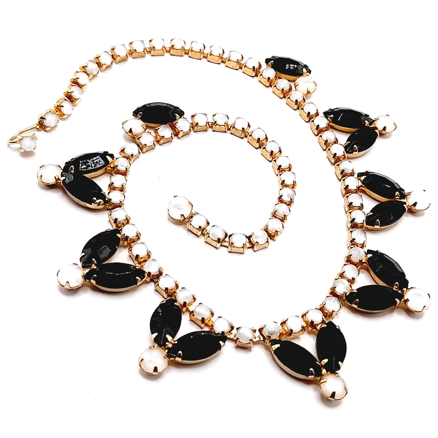 Vintage Black Rhinestones Milky White Cabs Gold Plated Choker Necklace, 1960s