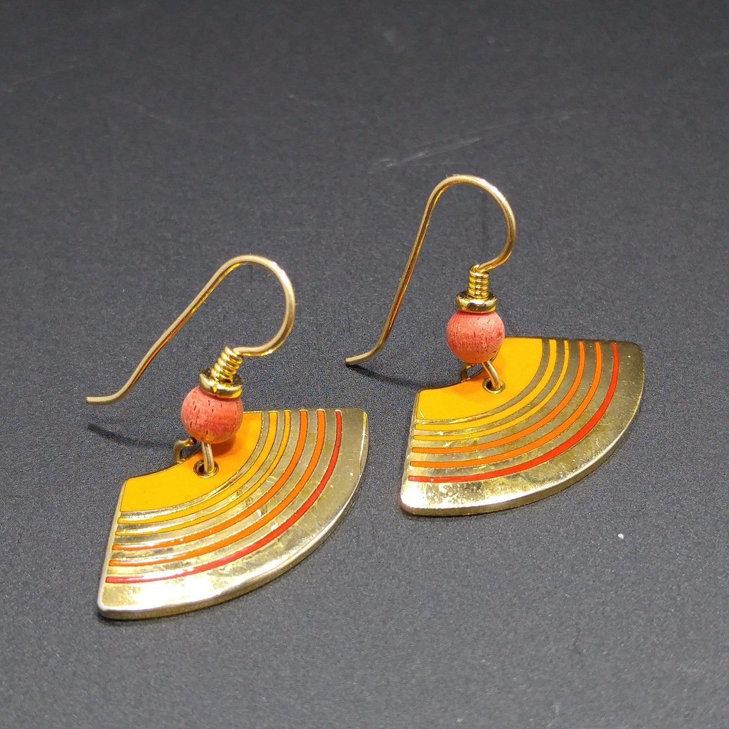 Vintage Laurel Burch "Rhythm" Earrings, Orange Enamel, Gold Plated
