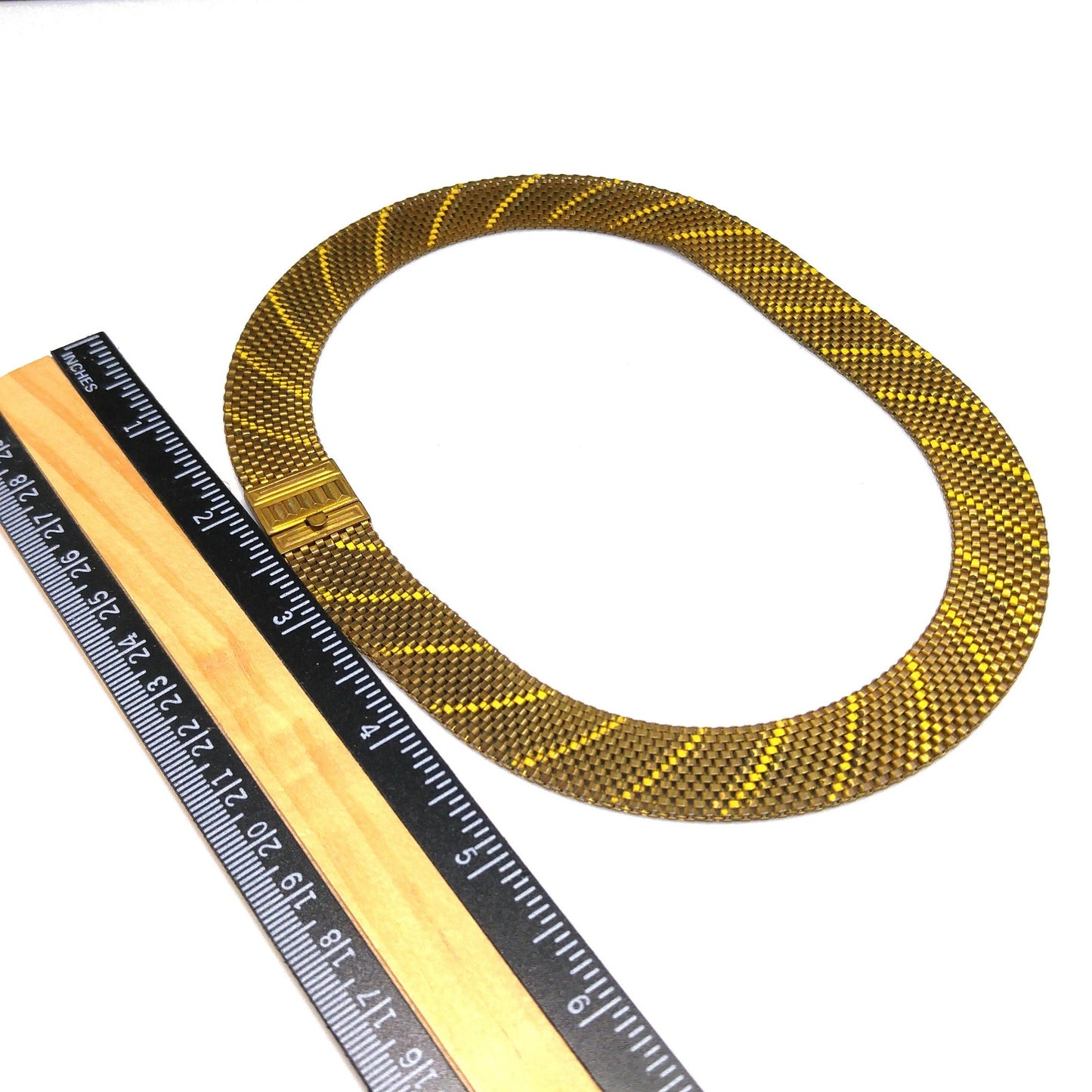 Art Deco Brass Mesh Necklace, Yellow Enamel, 1930s Vintage Jewelry