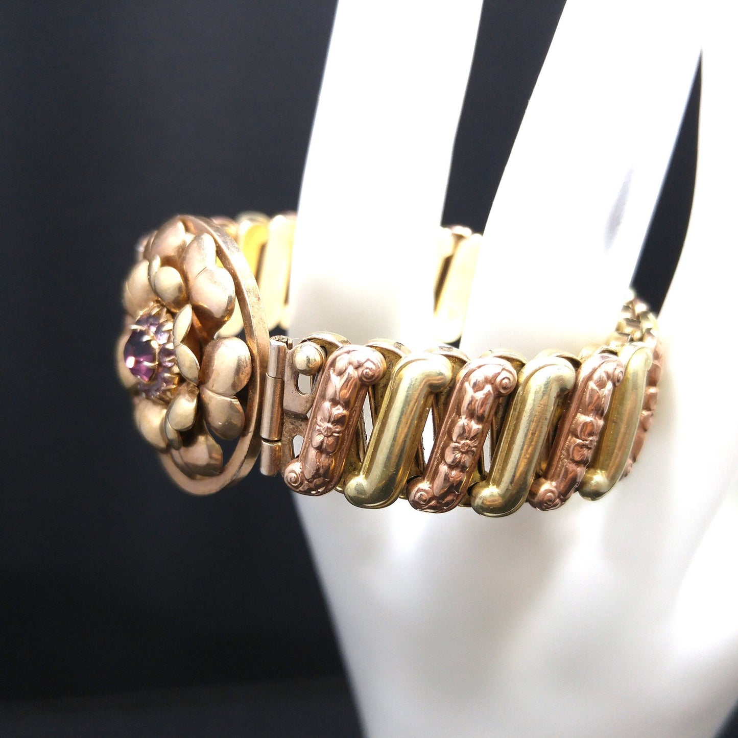 Antique Lustern Expansion Sweetheart Bracelet, 12KGF Sterling, Purple Rhinestones, 1920s Vintage Jewelry