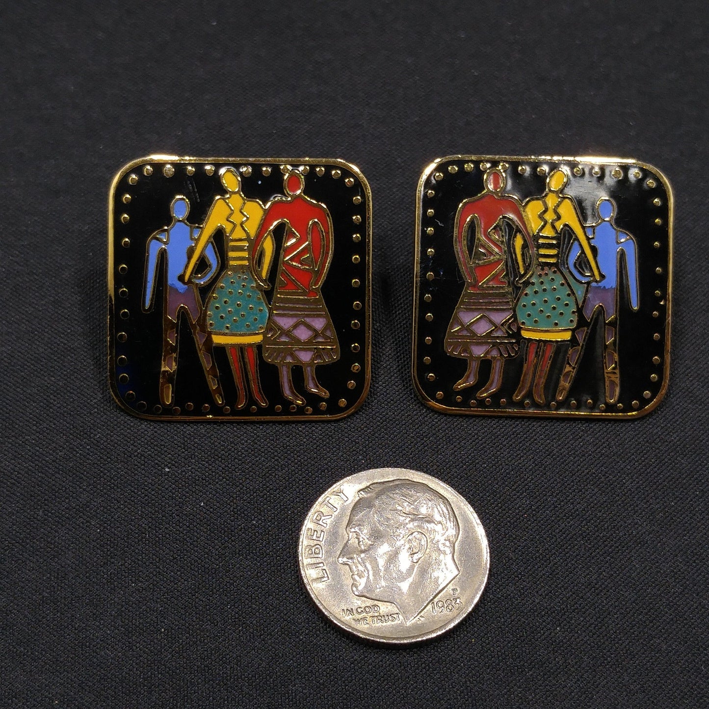 Vintage Laurel Burch "Familia" Post Earrings, Gold Plate Enamel