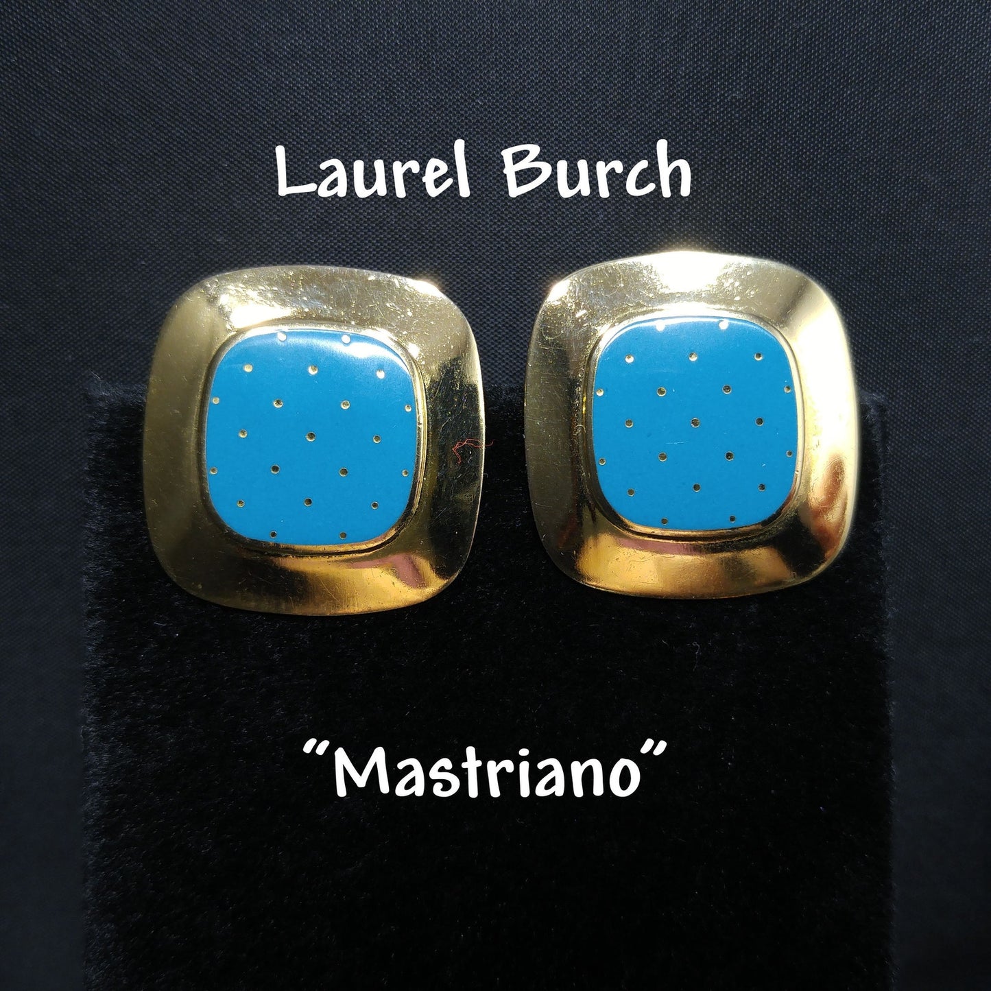 Vintage Laurel Burch "Mastriano" Clip Earrings, Teal Blue Enamel, Gold Plated