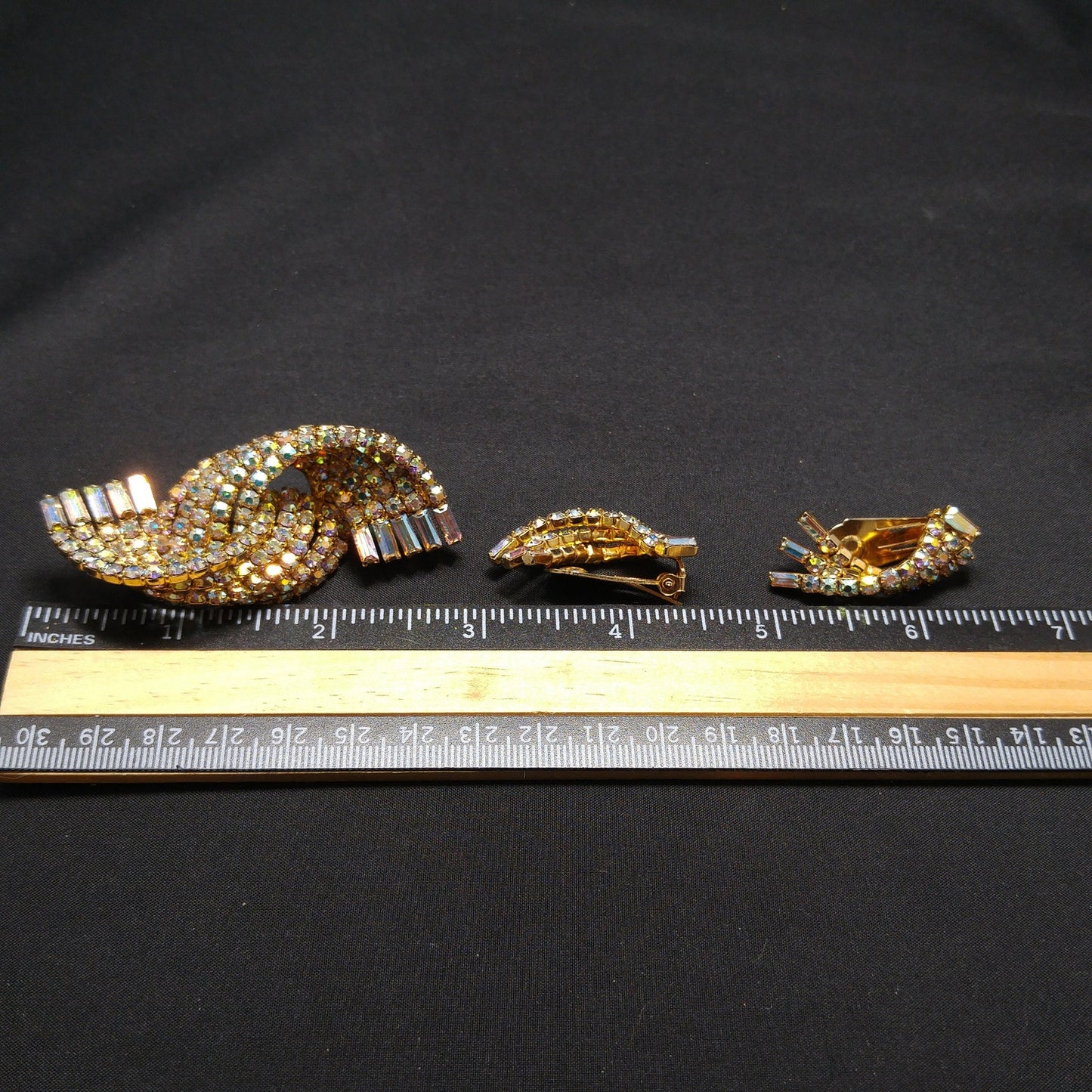 Mid-century Modern AB Rhinestone Brooch Earrings, Gold Plated, 1960s Vintage Jewelry