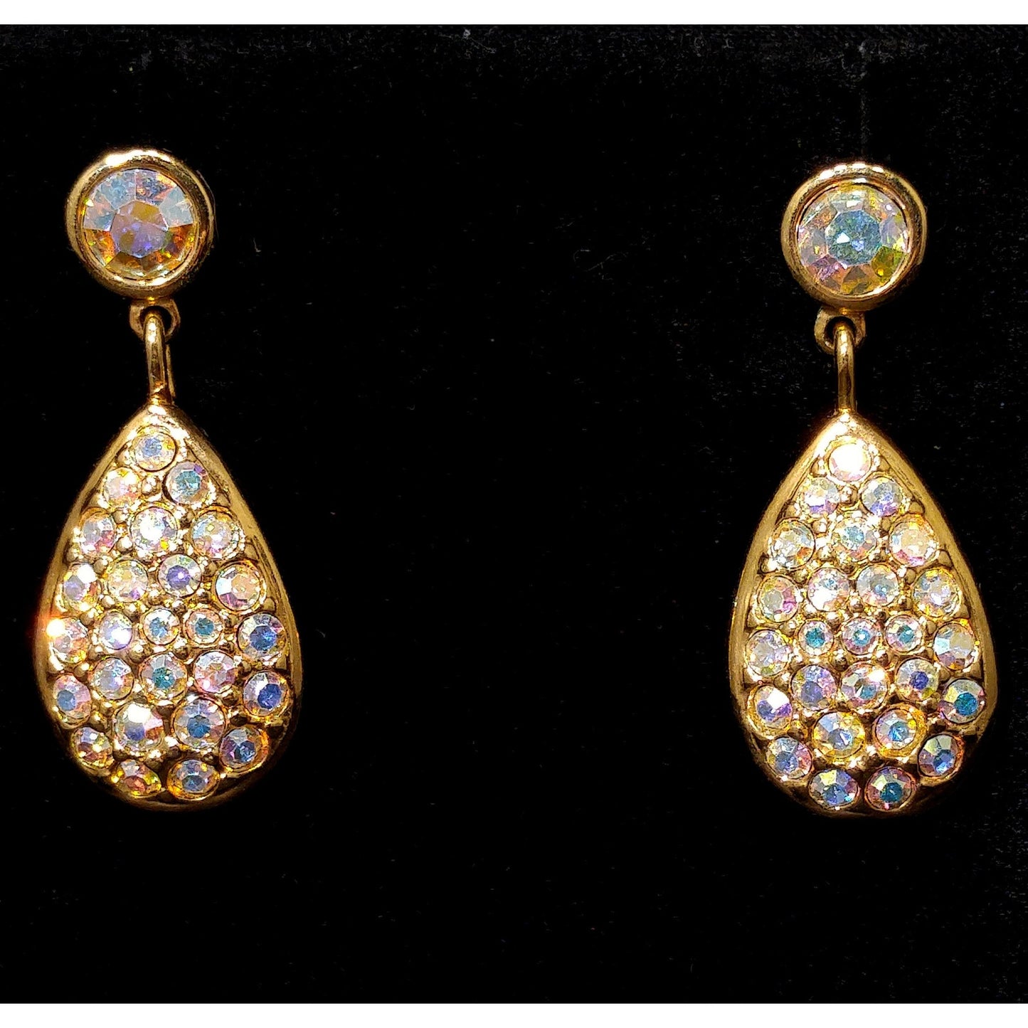 Vintage Swarovski Swan Logo Earrings – Aurora Borealis Crystal Teardrop Dangles