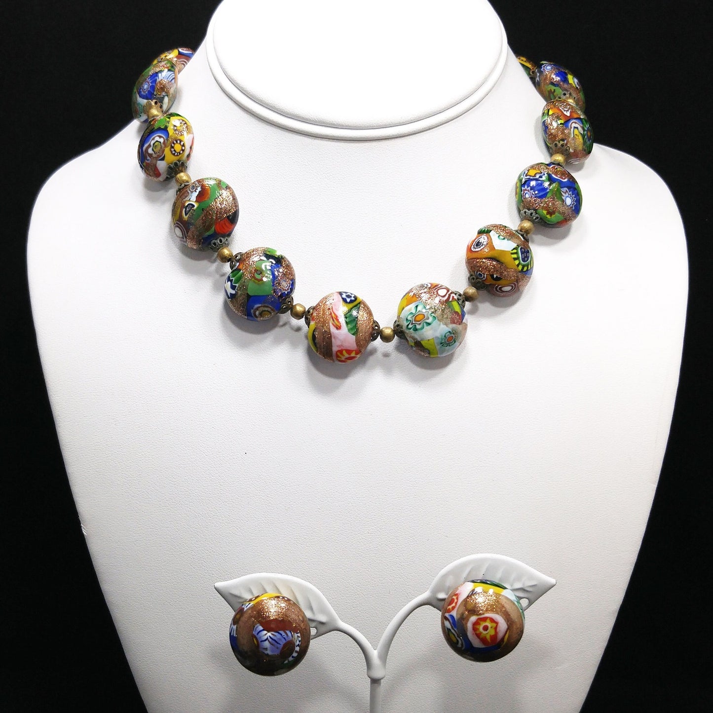 Italian Millefiori Venetian Glass Necklace & Earrings, Aventurine Glitter Beads