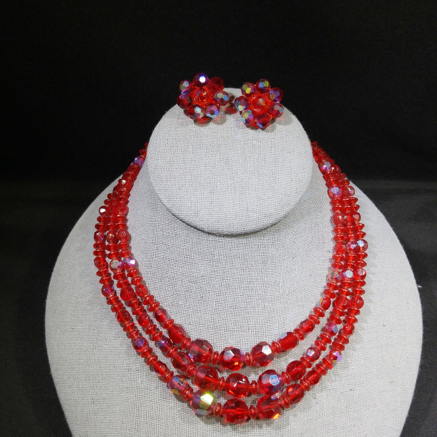 Czech Red Glass Beaded Necklace & Earrings, Fire Polished Red Beads, 1950s Vintage Jewelry