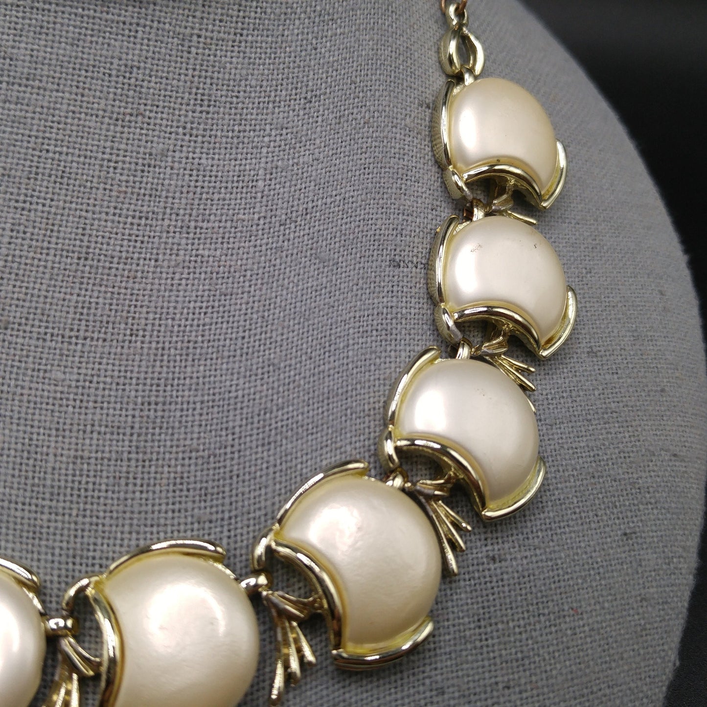 Creamy White Pearled Link Choker Necklace, Mid-Century, Gold Tone, 1950s Vintage Jewelry