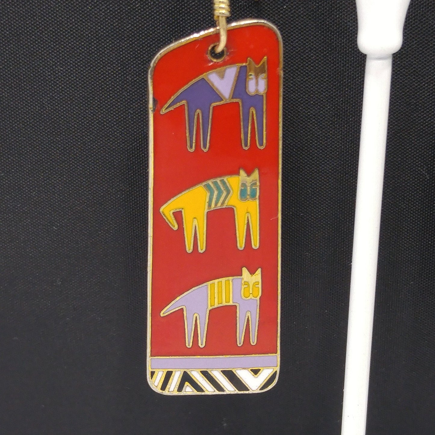 Laurel Burch "Hieroglyphic" Cats, Cloisonne Red Enamel, Gold Plated, 1980s Vintage Jewelry