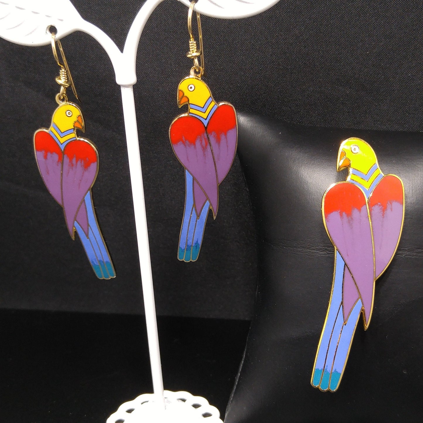 Laurel Burch Cezanne Parrot Earrings & Brooch Set, 22 KG Plated Cloisonné Enamel, 1980s Vintage Jewelry