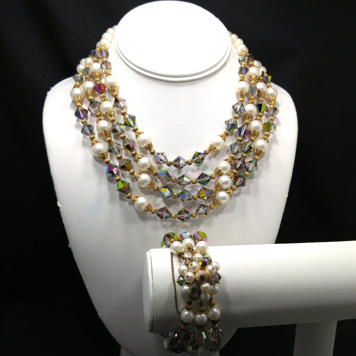 Alice Caviness Necklace & Bracelet Set, Aurora Borealis Crystal Faux Pearl Beads, 1960s Vintage Jewelry