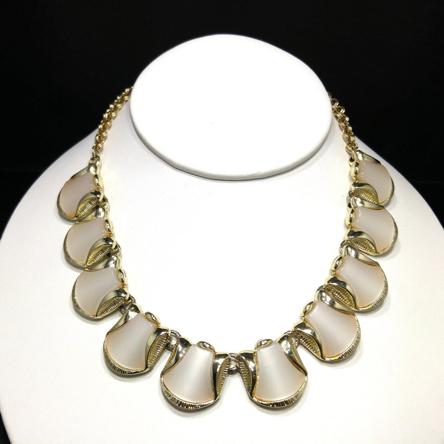 Mid-Century White Moonglow Choker Necklace, Gold Tone, 1950s Vintage Jewelry