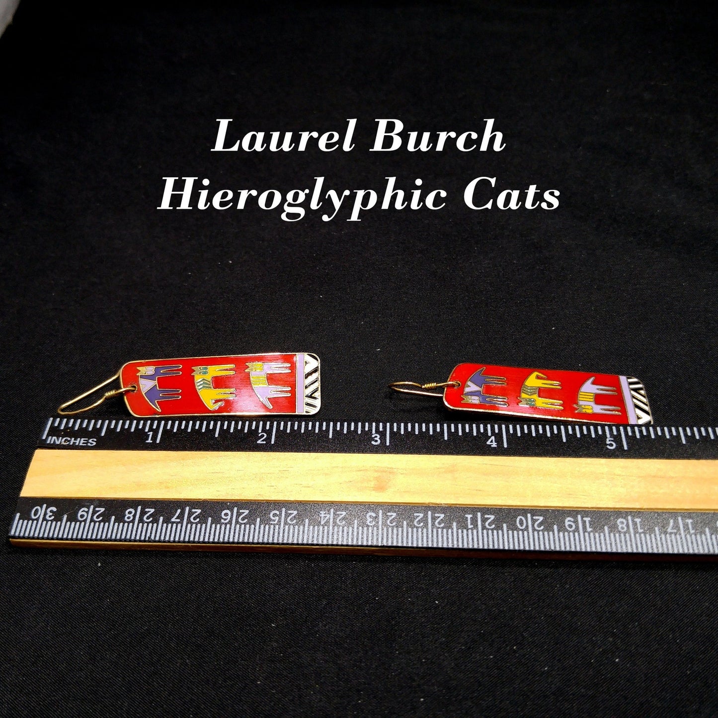 Laurel Burch "Hieroglyphic" Cats, Cloisonne Red Enamel, Gold Plated, 1980s Vintage Jewelry
