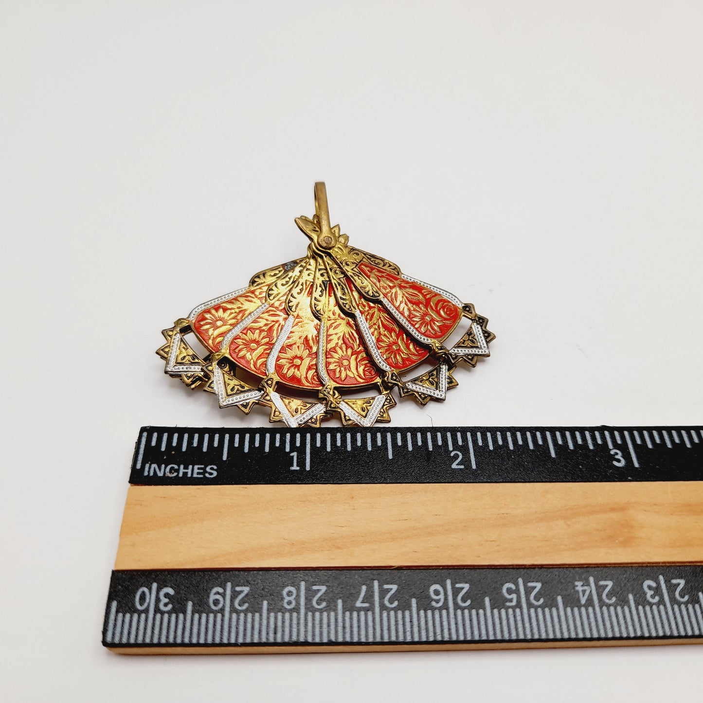 Vintage Spanish Damascene Articulated Fan Brooch Pin Pendant - Signed SPAIN - Black Gold Inlay Jewelry