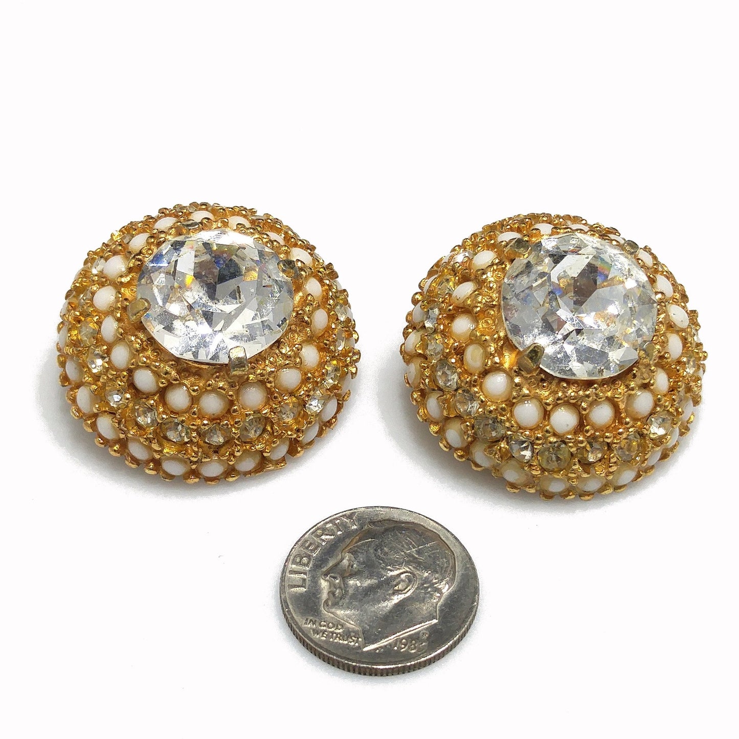 Vintage Hattie Carnegie Large Rhinestone Clip Earrings, Gold Plated, 1960s