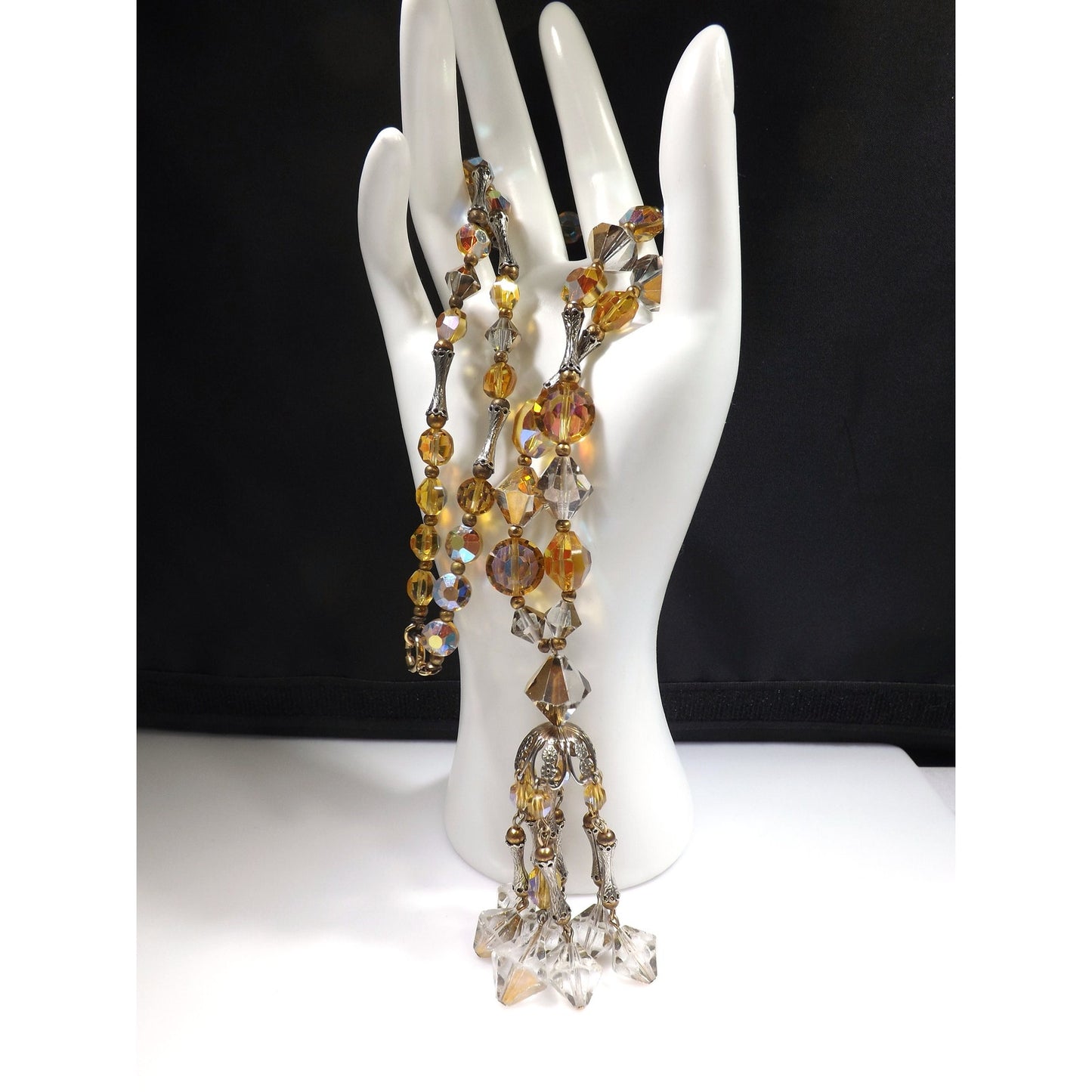 Topaz Crystal Aurora Borealis Gold Filigree Tassel Necklace Earrings, Swarovski Vintage Crystals, 1970s Vintage Jewelry