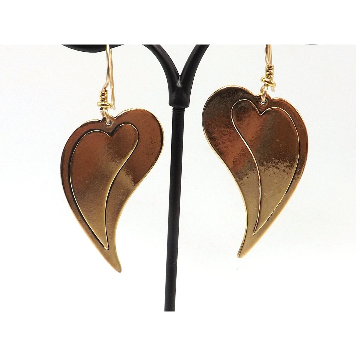 Laurel Burch Large Heart Earrings, Gold Plated, 1980s Vintage Jewelry