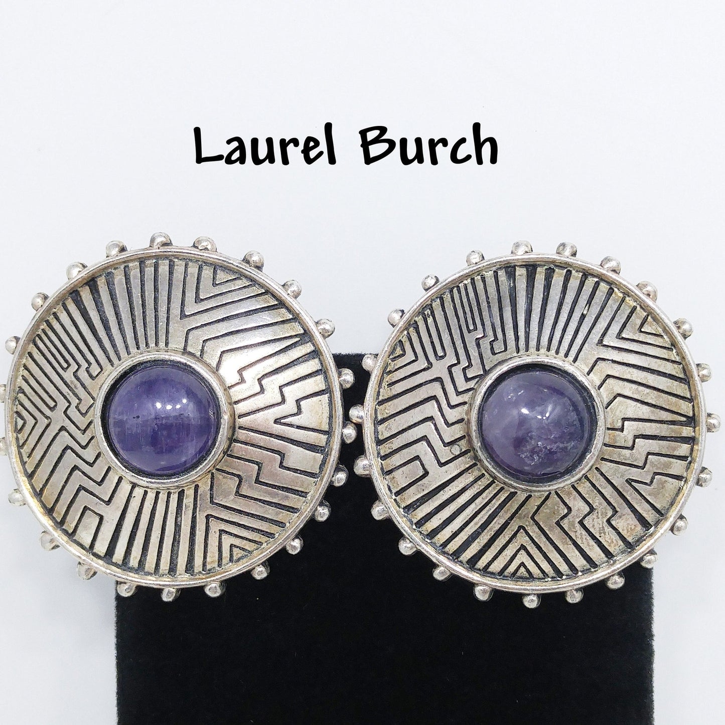 Laurel Burch Amethyst Clip Earrings, Purple Gemstone, Gold Plated, 1980s