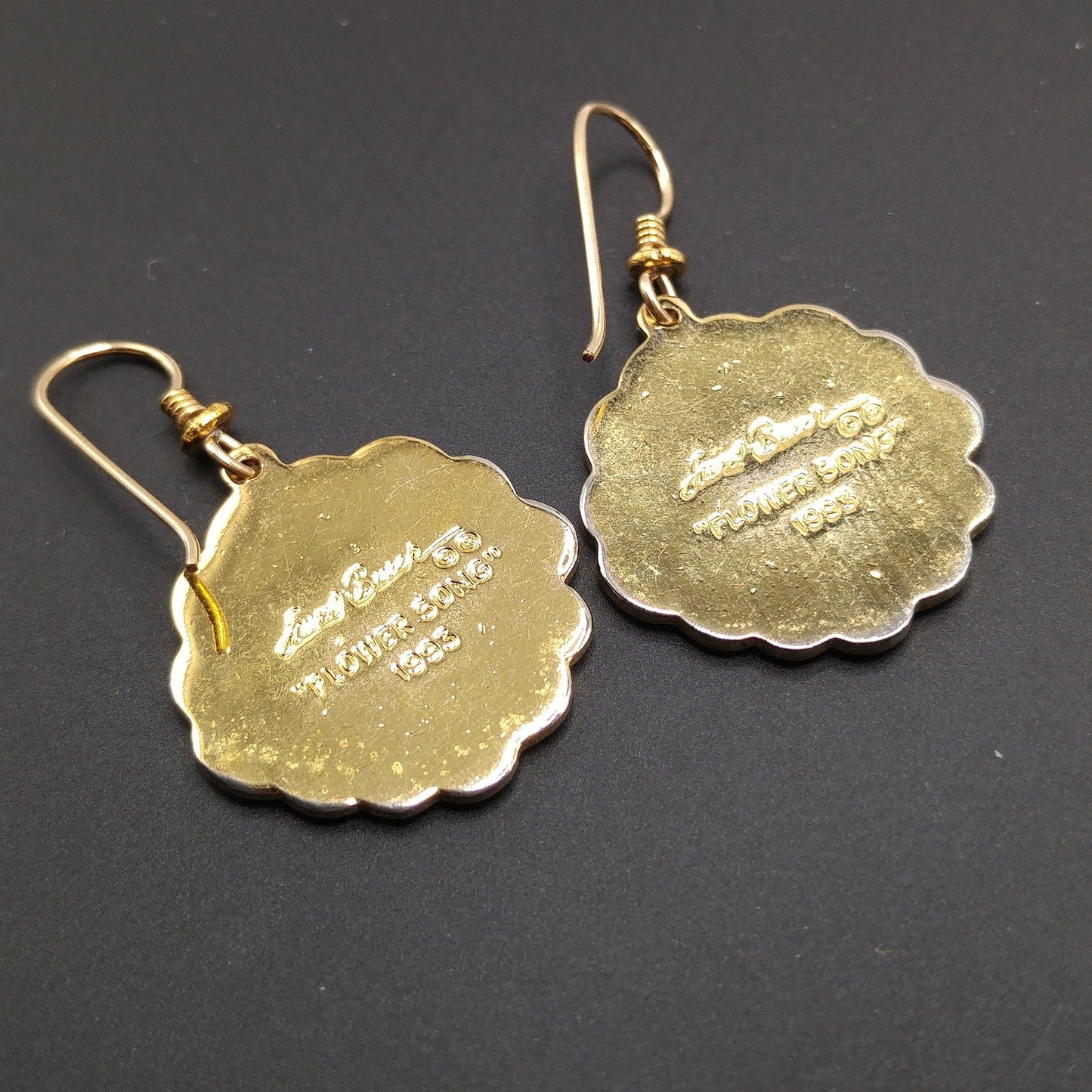 Laurel Burch "Flower Song" 1993 Flower Earrings, Gold Plated, Yellow Purple Enamel, 1990s Vintage Jewelry