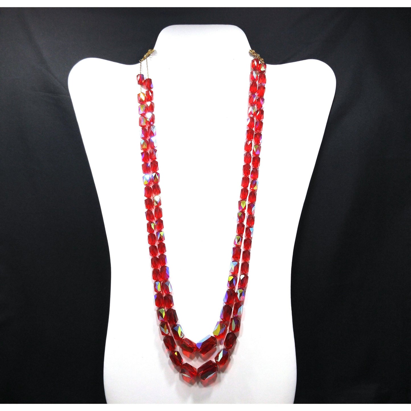 Red Aurora Borealis Graduated Beaded Two Strand Necklace on Chain, 1970s Vintage Jewelry