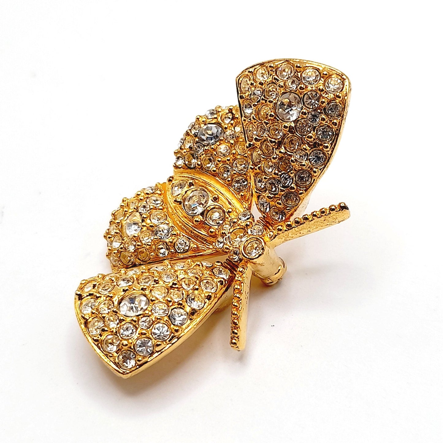 Vintage Joan Rivers Trembler Butterfly Brooch – Gold Plated Rhinestone Moth Pin – Designer Signed