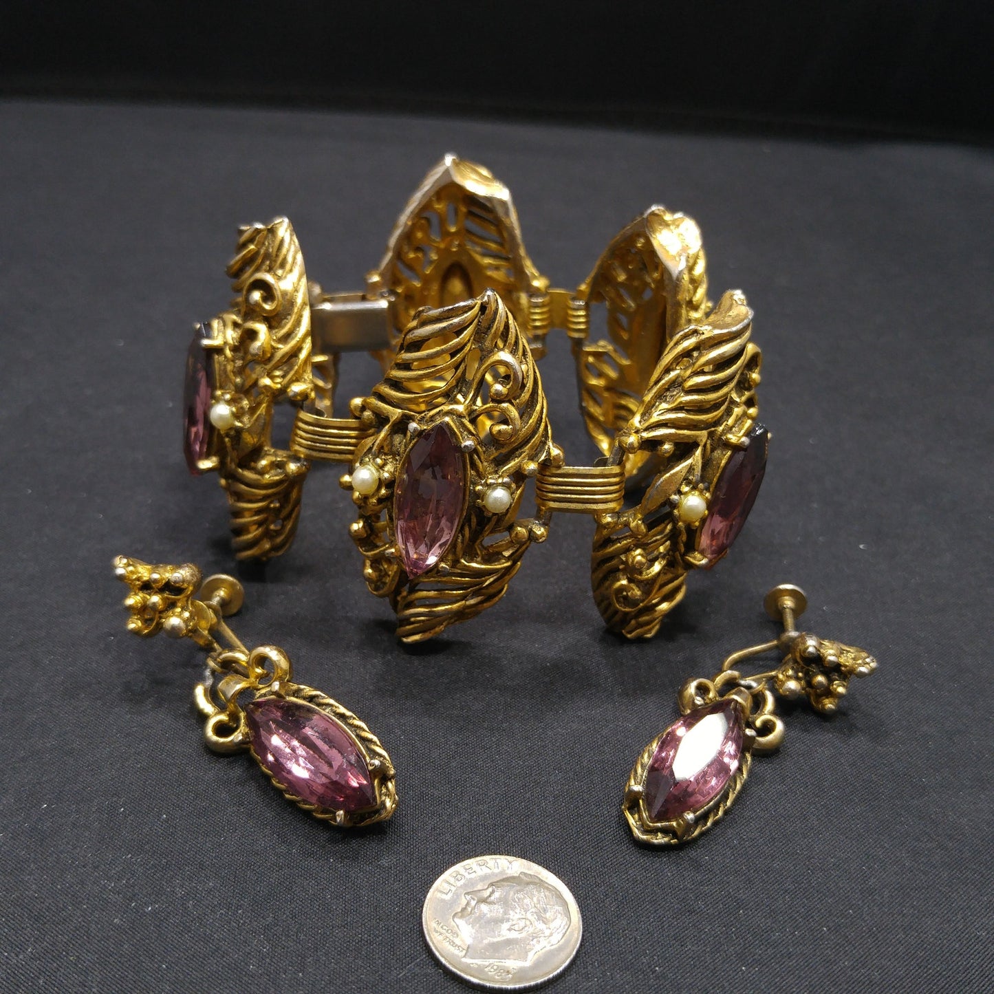 Mid-Century Purple Rhinestone Wide Bracelet Dangle Earrings Set, 1950s Vintage Jewelry