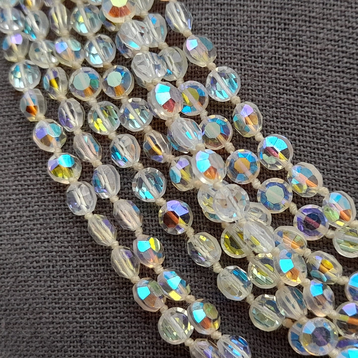 Vintage Flat Crystal Eight Strand Necklace, Hand-knotted, Aurora Borealis