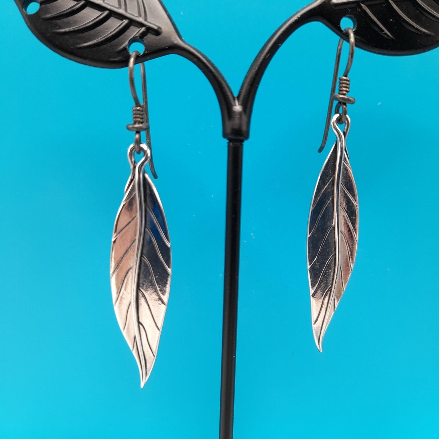 Vintage Laurel Burch Leaf Drop Earrings, Rhodium Plated Leaves