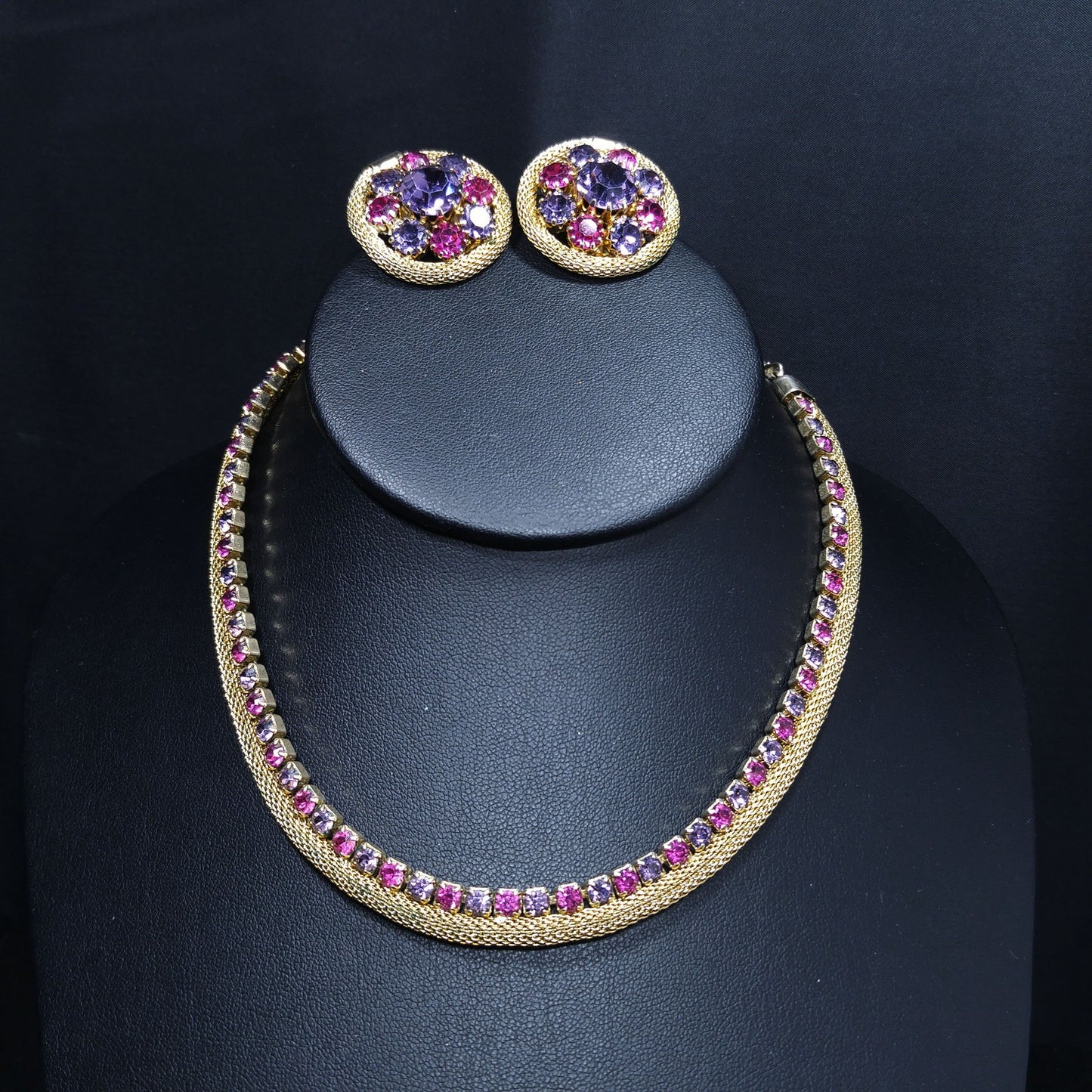 Weiss 1950s Gold Mesh Necklace & Earrings Set – Pink and Lavender Rhinestones