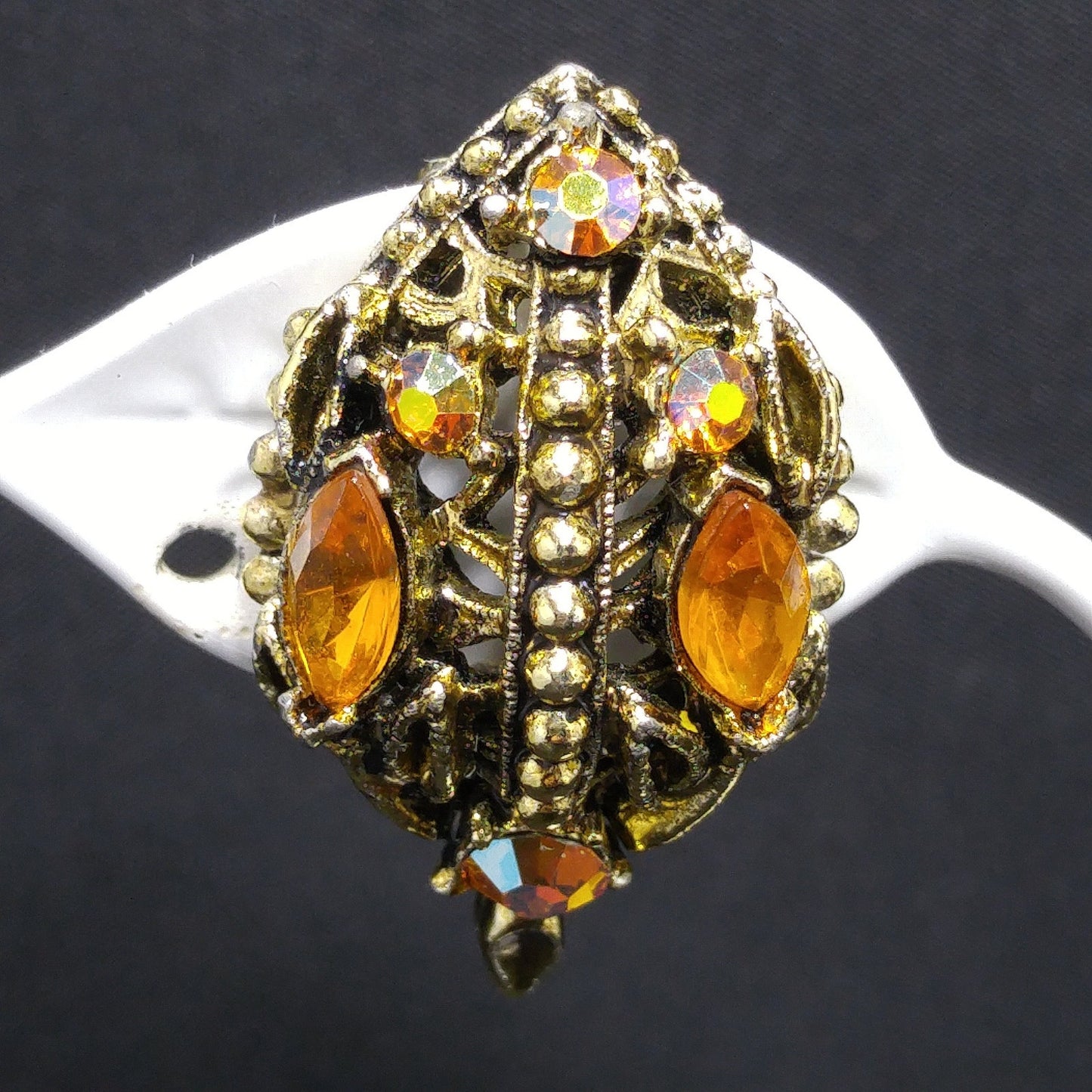 Light Topaz AB Rhinestone Leaves Brooch Earrings Set, 1970s Vintage Jewelry