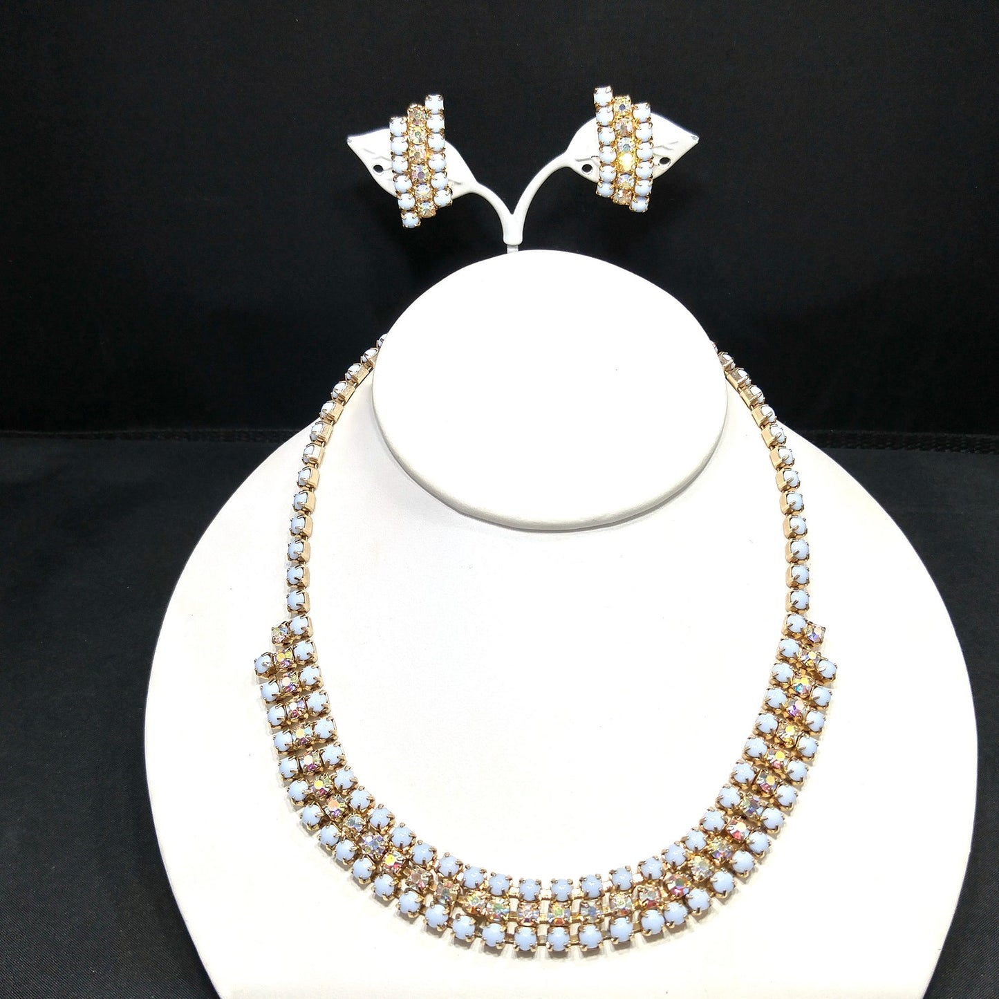 Aurora Borealis Rhinestone Necklace Earrings Set, Light Blue Cabochons, Mid Century, 1960s Vintage Jewelry