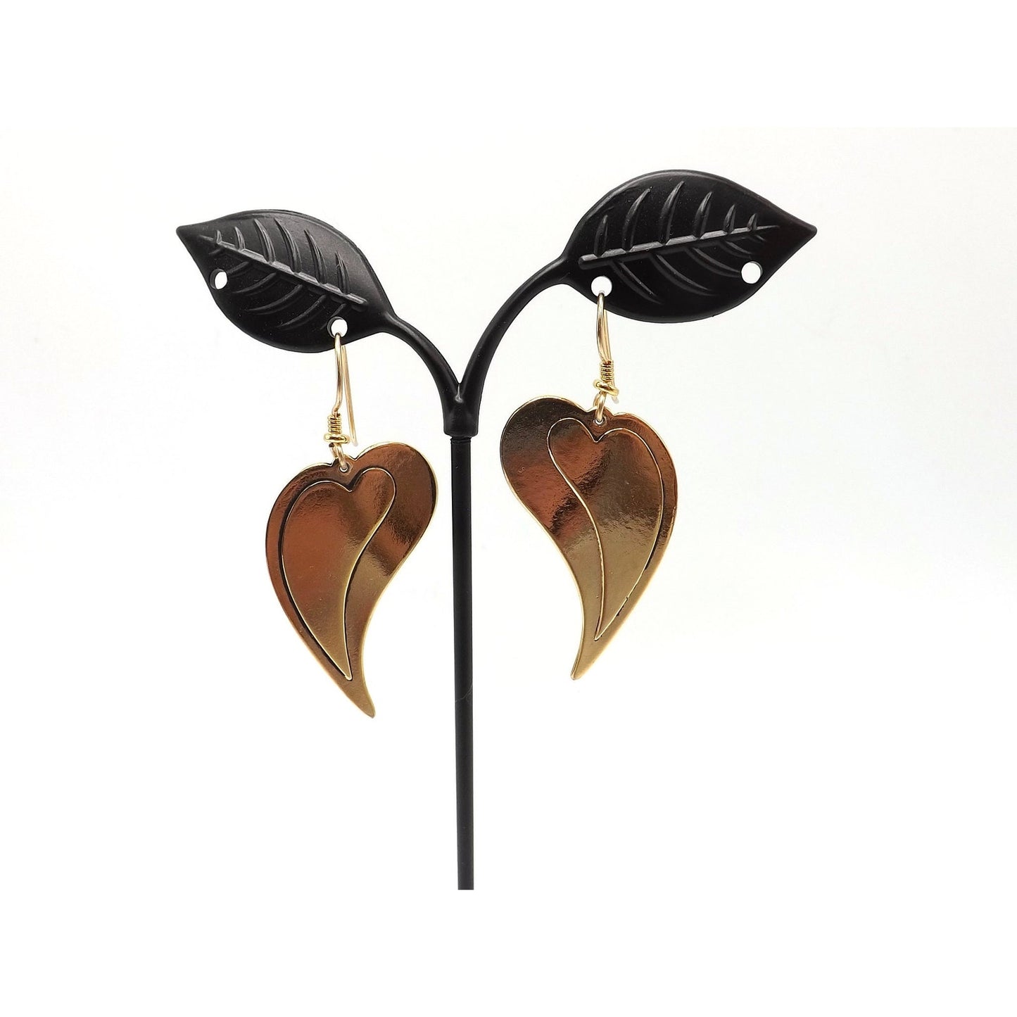 Laurel Burch Large Heart Earrings, Gold Plated, 1980s Vintage Jewelry