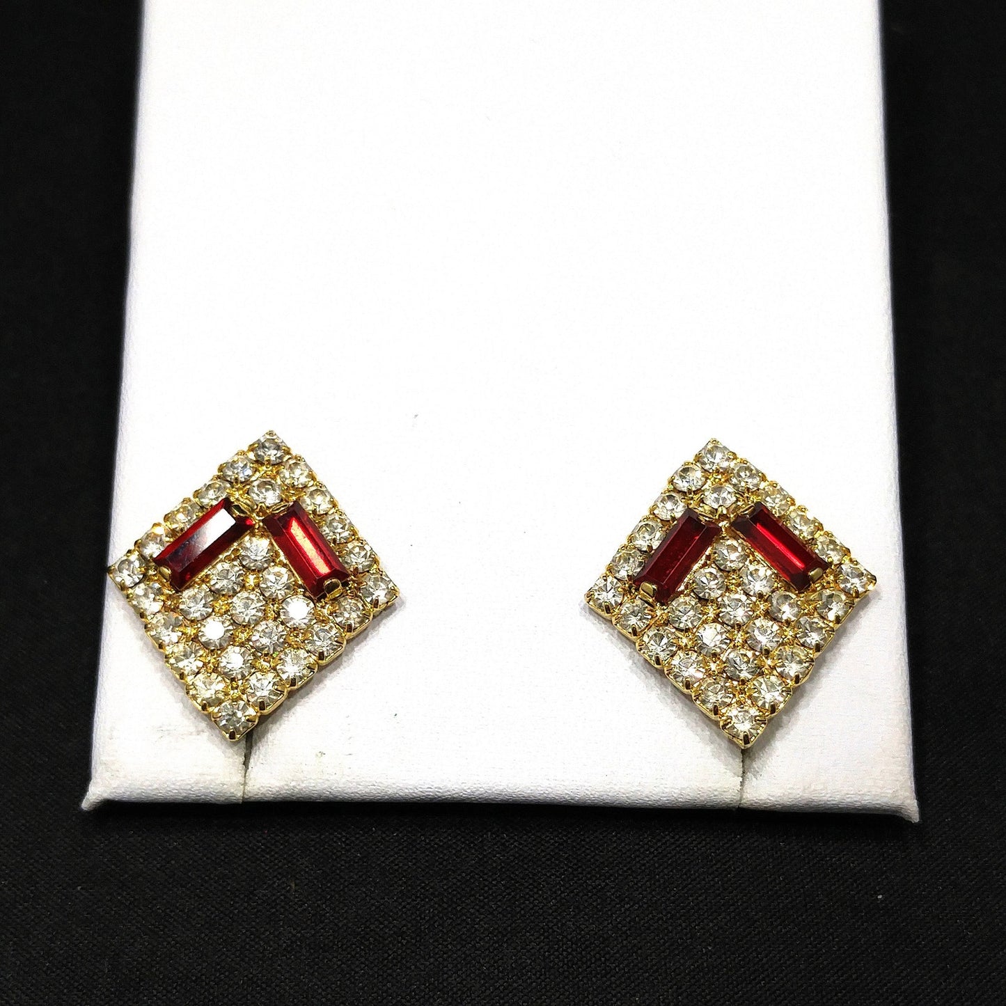 Hobe' Designer Red Clear Rhinestone Clip Earrings, Gold Plated, 1960s Vintage Jewelry