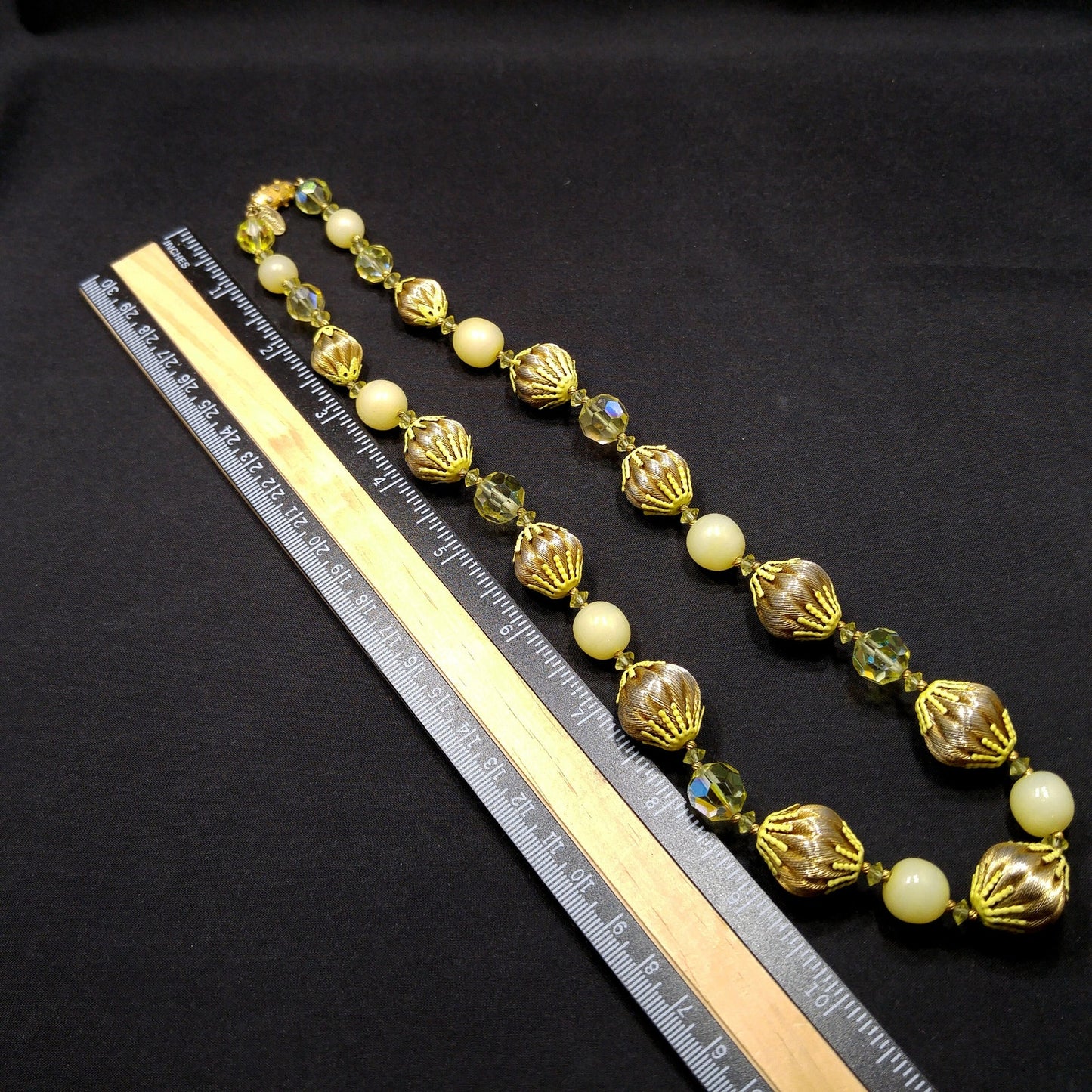 Vendome Gold Twist & AB Crystal Bead Necklace, Yellow Bead Caps, Gold Plated, 1960s Vintage Jewelry