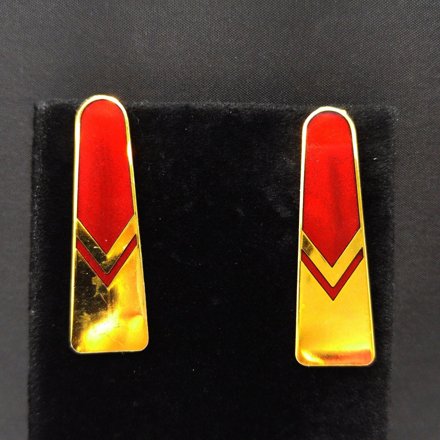 Vintage Laurel Burch Gold Red Chevron Post Earrings, 1980s, Gold Plated