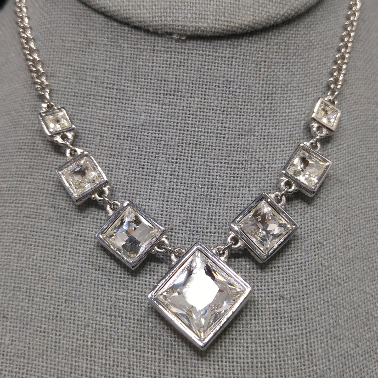 Vintage Swarovski Choker Necklace – Clear Crystal Squares, Rhodium Plated, 1990s