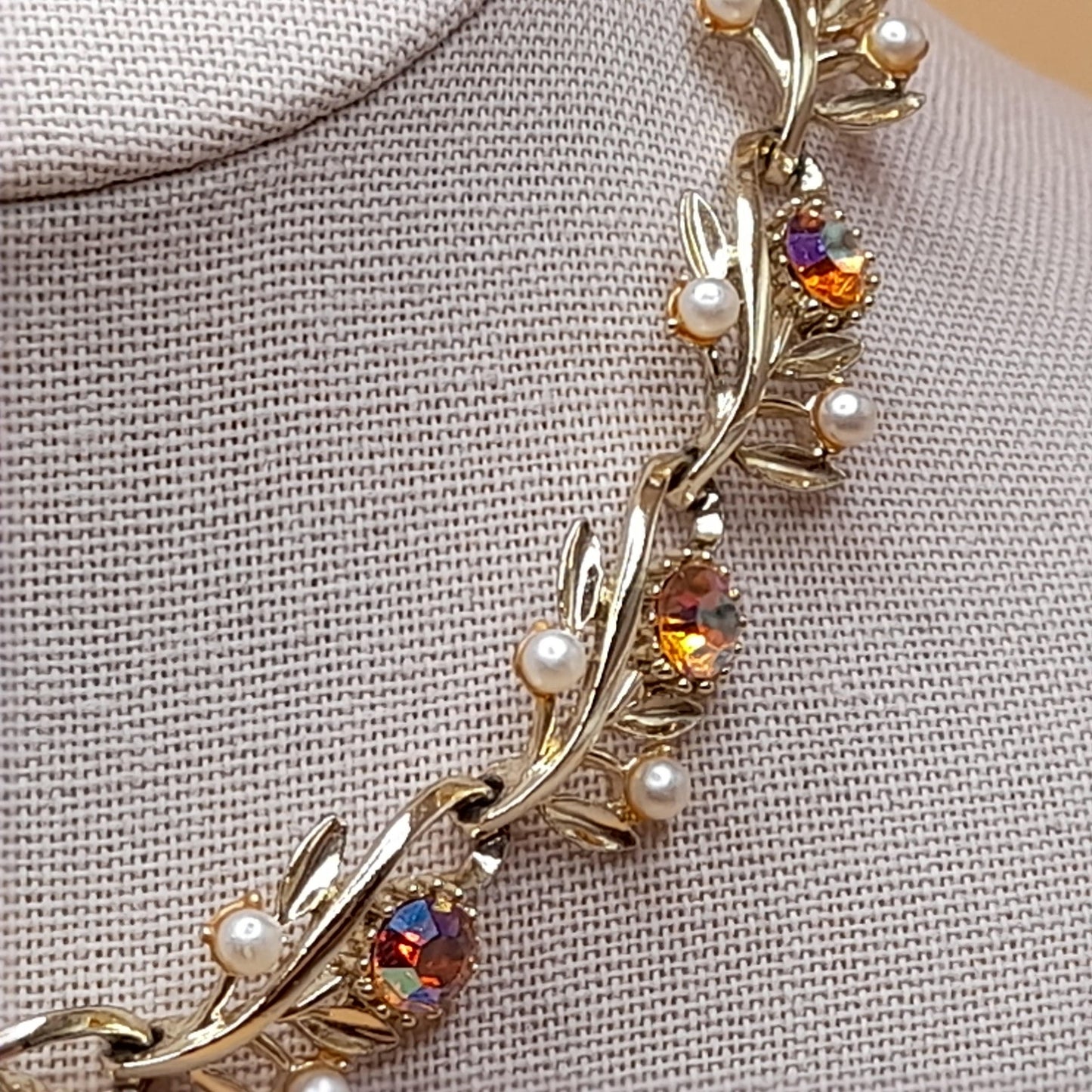 Vintage Light Topaz Rhinestone Choker Necklace, Faux Pearls, 1950s, 15 In