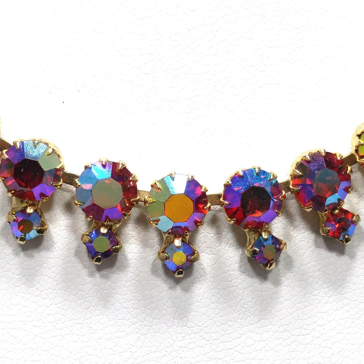 Red Rhinestone Aurora Borealis Choker Necklace, Gold Plated, 1960s Vintage Jewelry