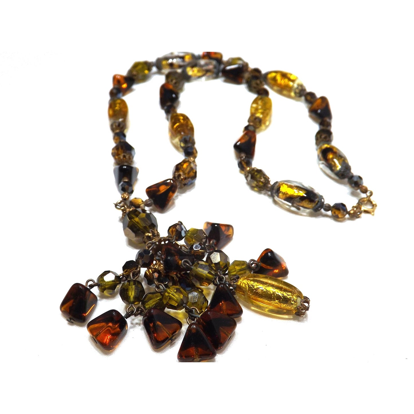 Gold Foil Art Glass Autumn Beaded Necklace, Multi-strand Tassel, 1970s Vintage Jewelry