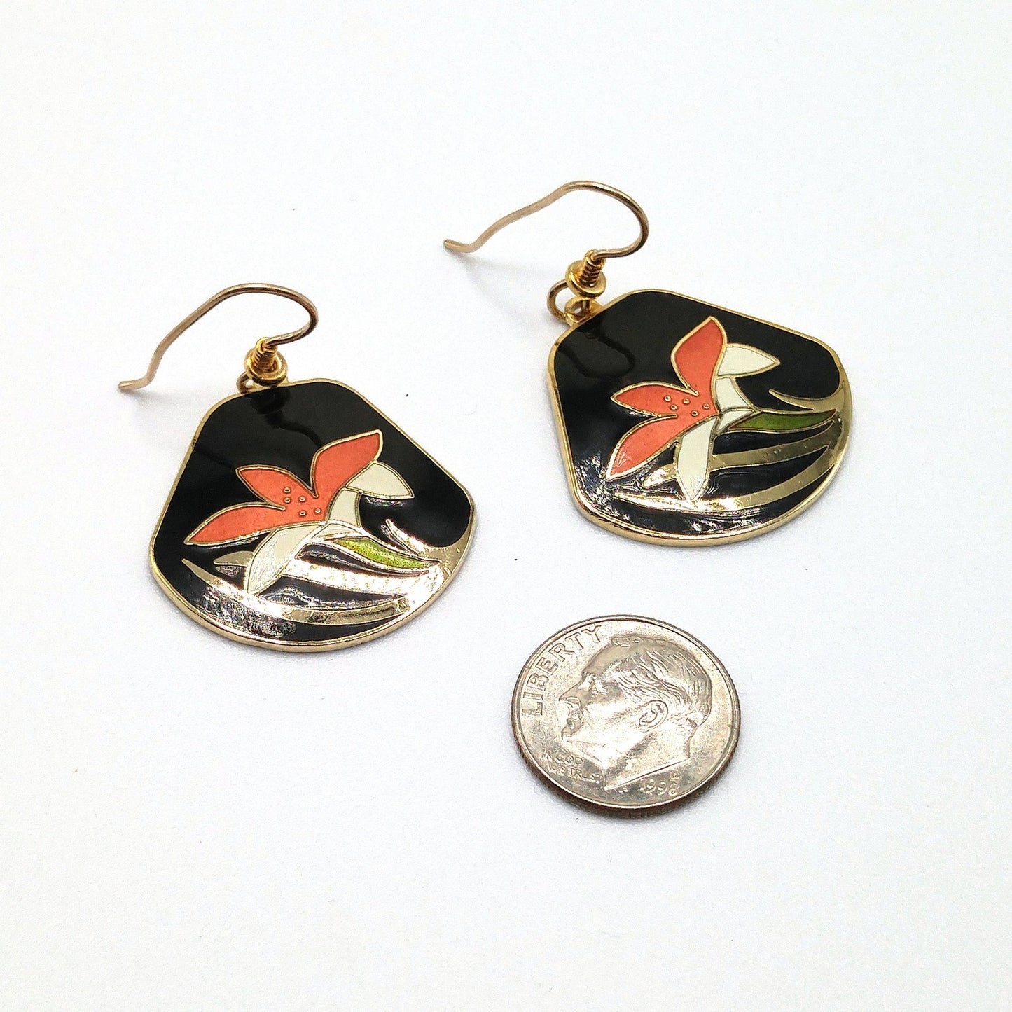 Vintage Laurel Burch Orange Lily Earrings, Cloisonne Enamel, Gold Plated, 1980s