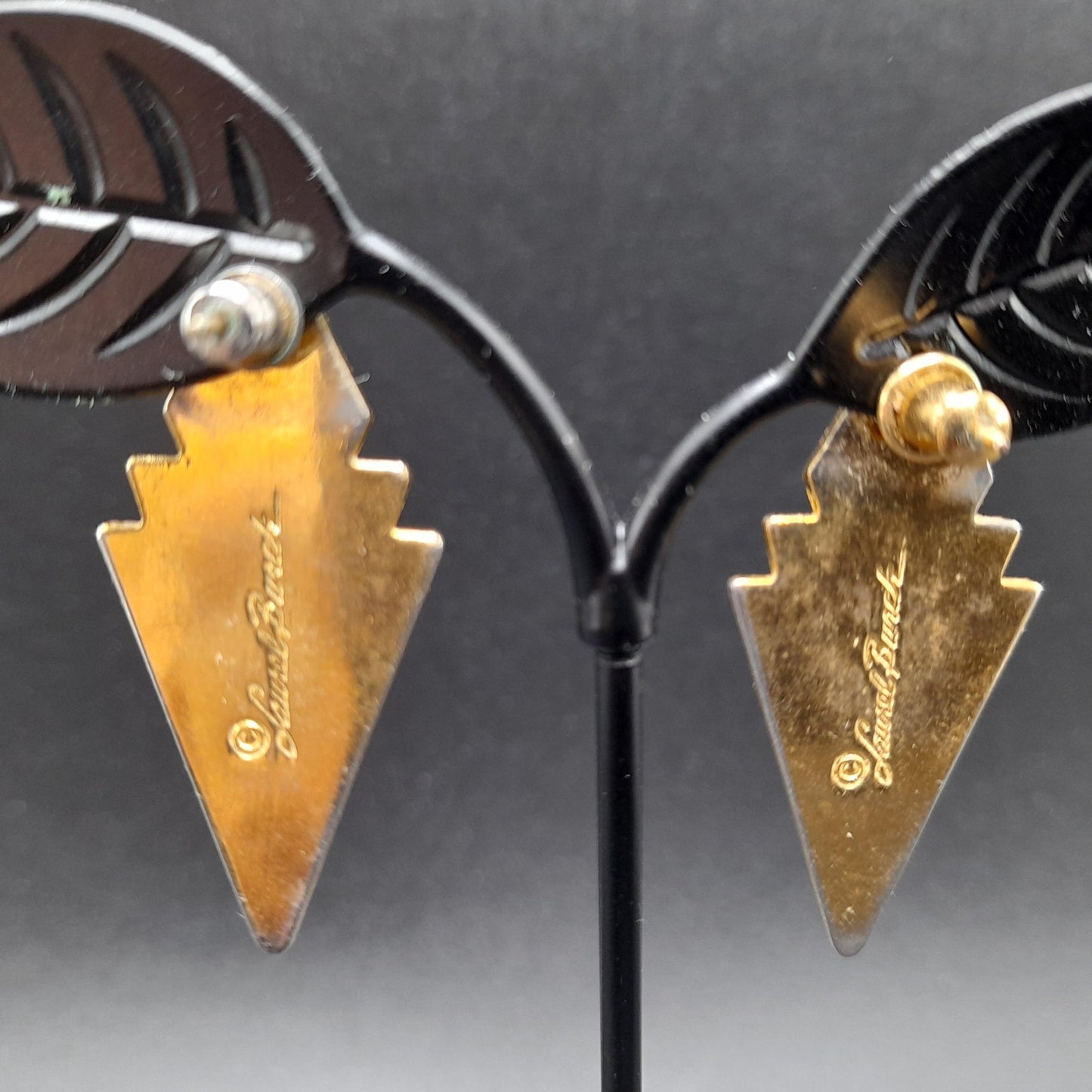 Vintage Laurel Burch Gray Gold Post Earrings, Geometric Gold Plated