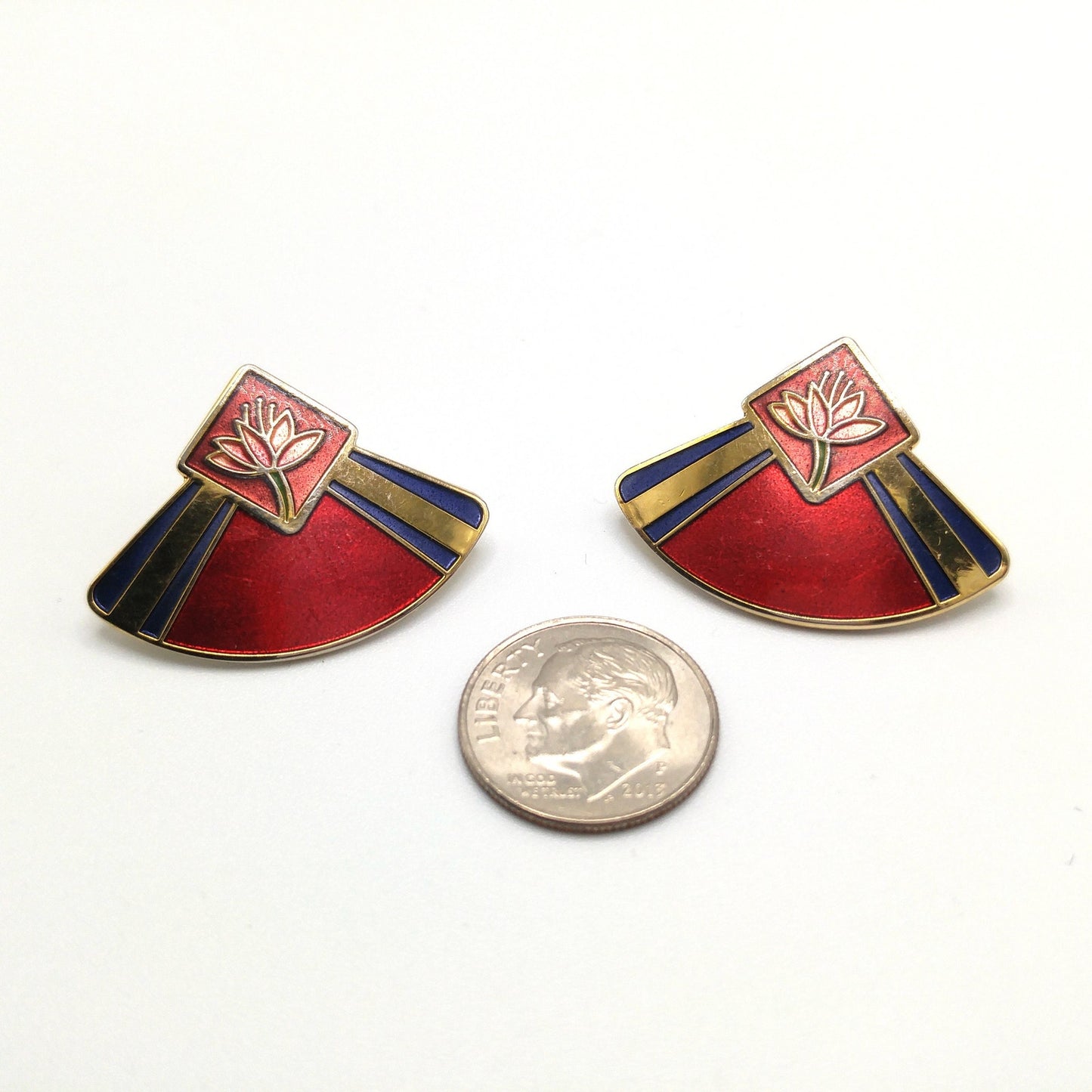 Vintage Laurel Burch "Water Lily" Post Earrings, Gold Plated, Enamel Red Purple