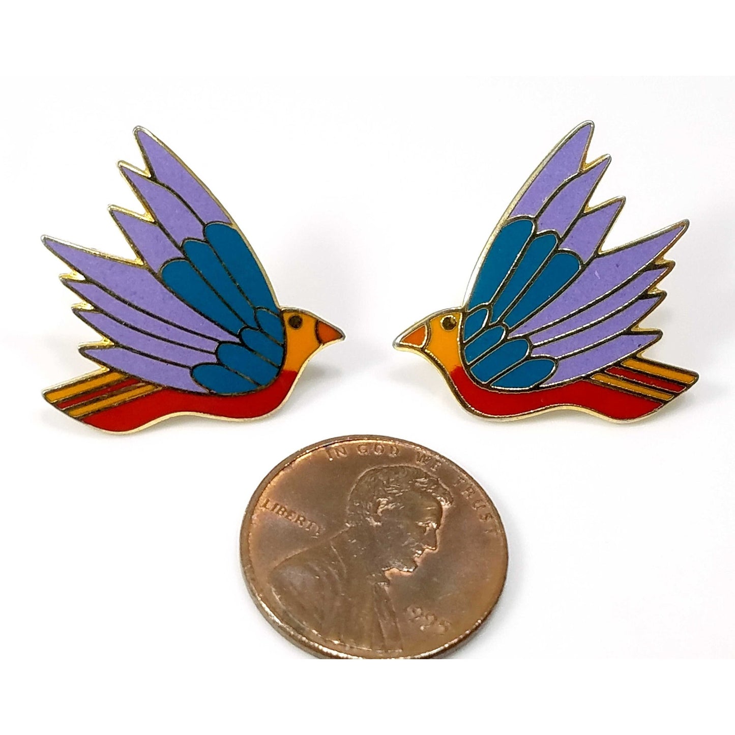 Laurel Burch "Celeste" Bird Earrings, Gold Plated Cloisonne Enamel, 1980s