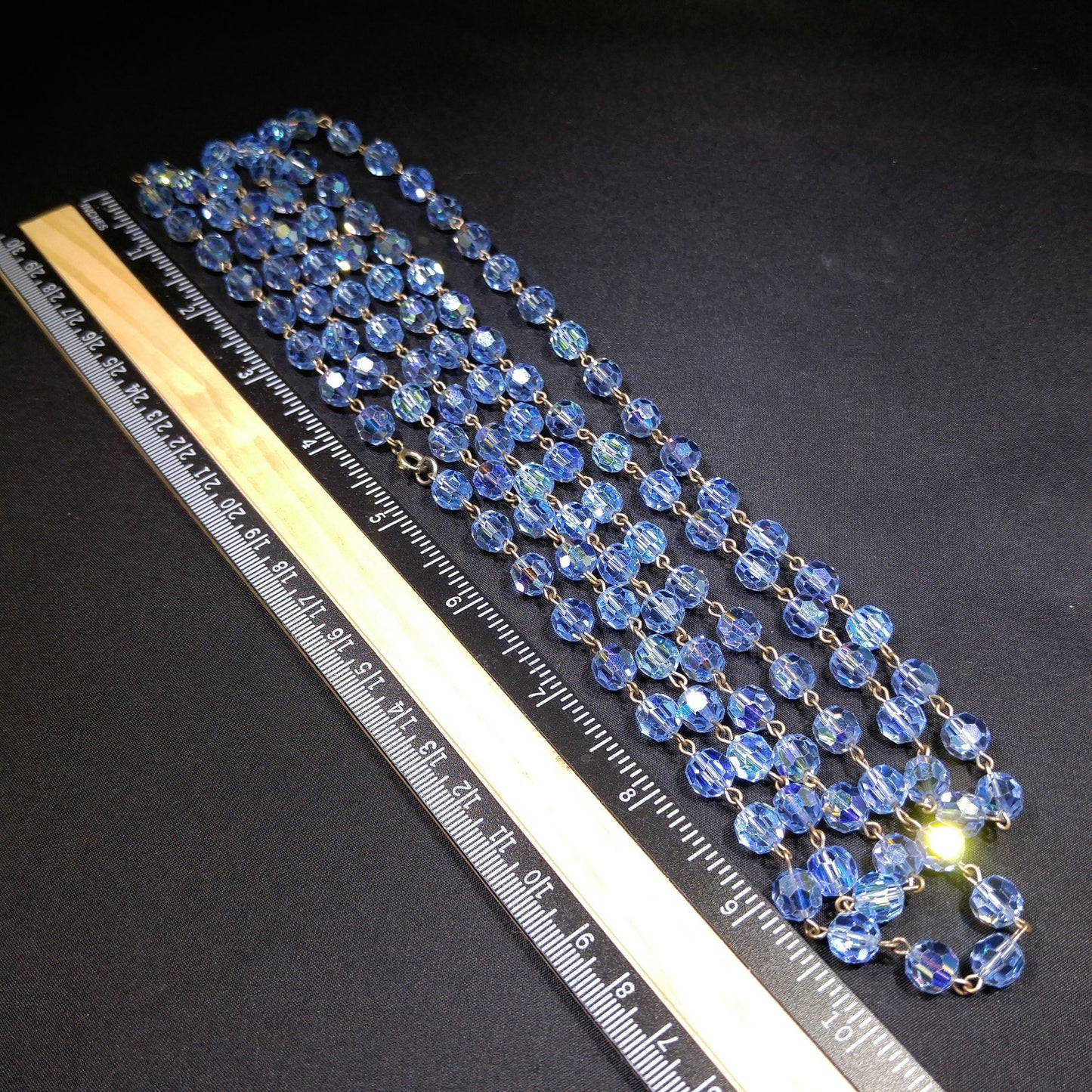 Blue Austrian Crystal Beaded Necklace, Long Rosary Style, 1960s Vintage Jewelry