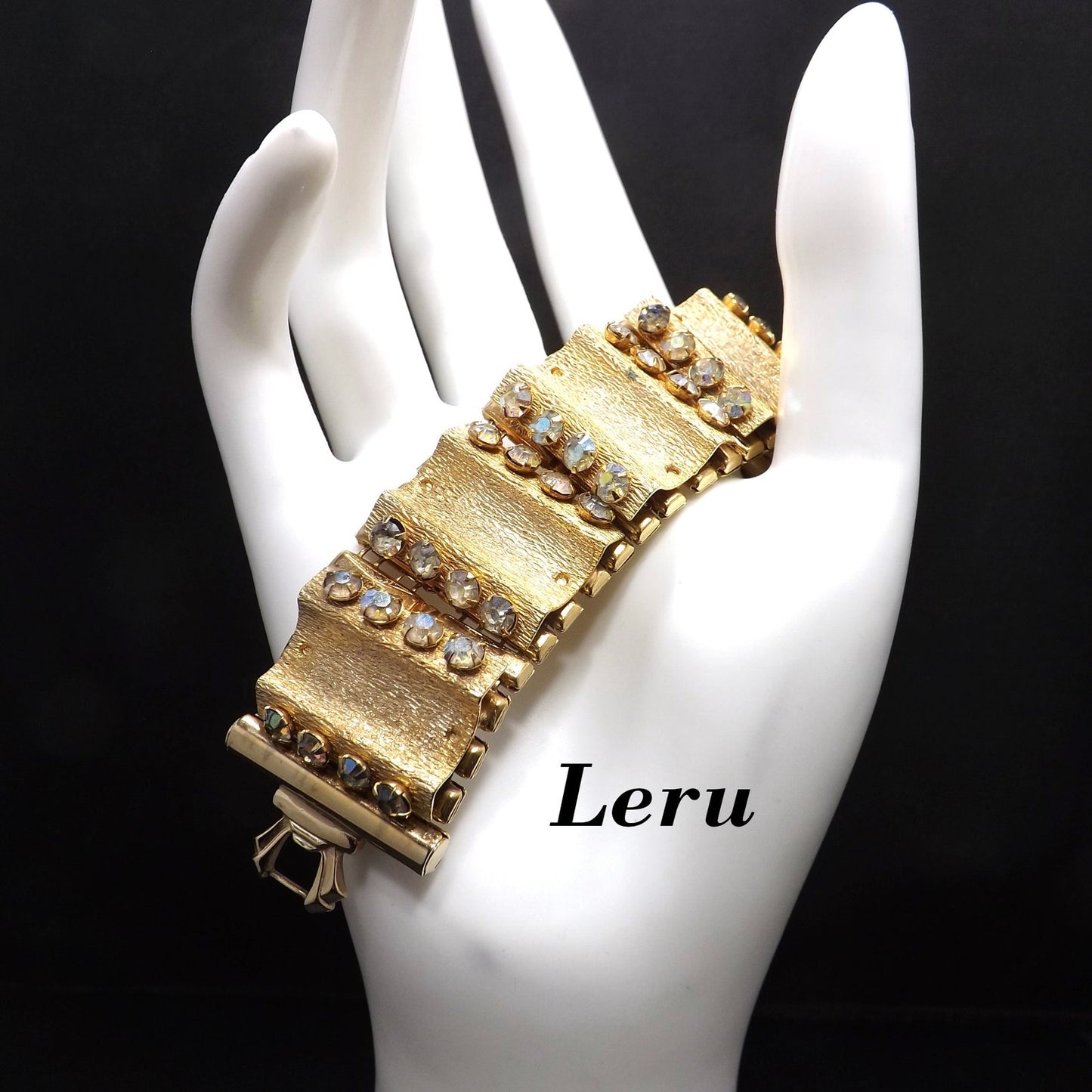 Vintage LERU Aurora Borealis Rhinestone Bracelet, Gold Plate Mid-Century, 7 1/8"
