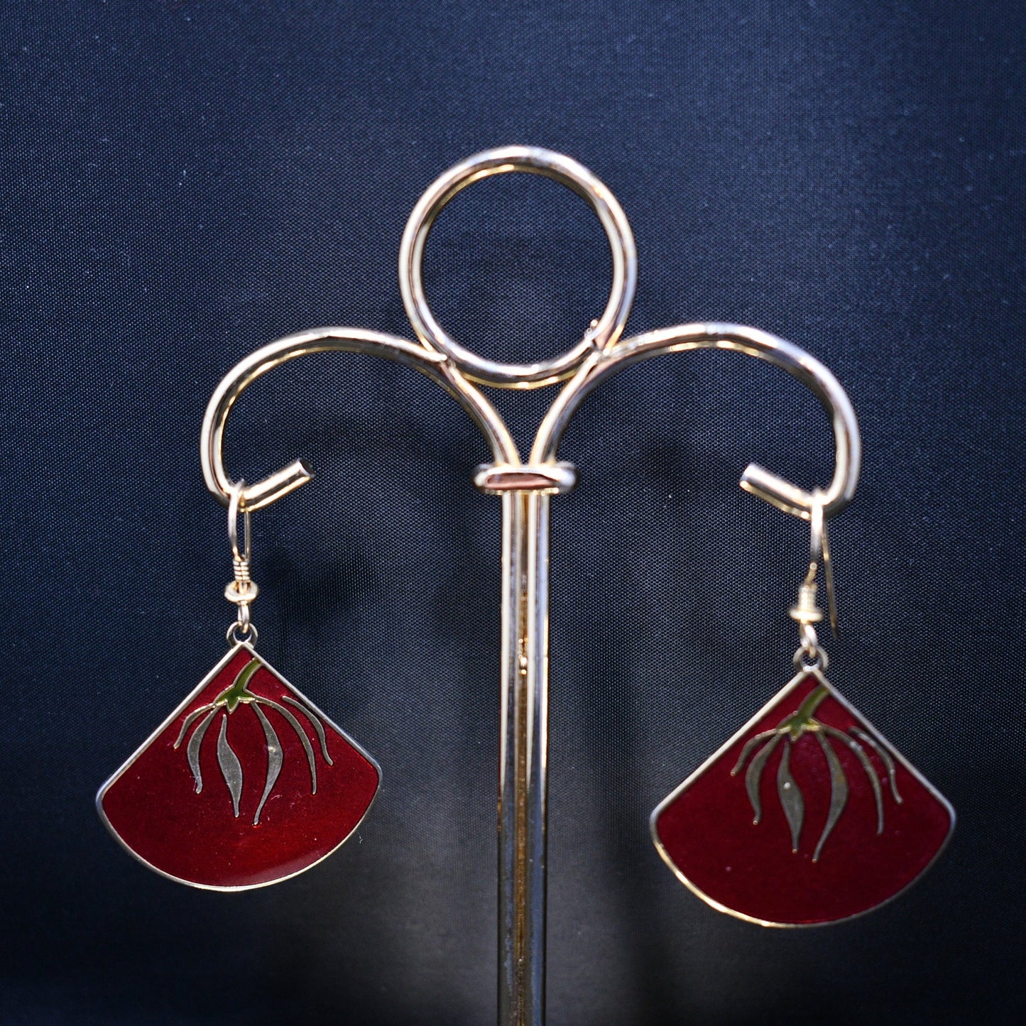 Laurel Burch "Willow Fan" Earrings, Gold Plated, Cloisonne Red Enamel, 1980s