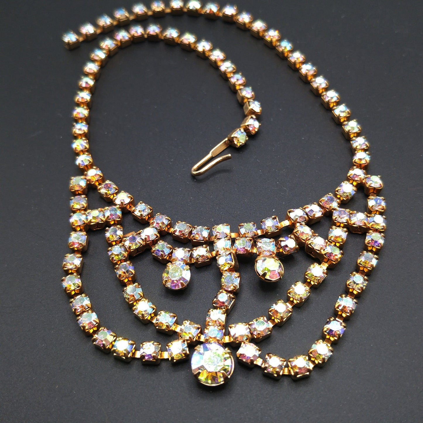 Aurora Borealis Rhinestone Choker Necklace, Gold Plated, 1960s Vintage Jewelry