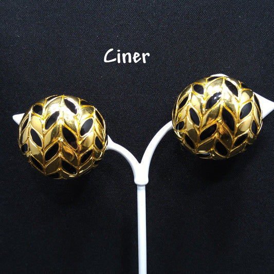 Ciner Gold & Black Clip Earrings, Gold Plated, Black Enamel, 1980s Vintage Jewelry