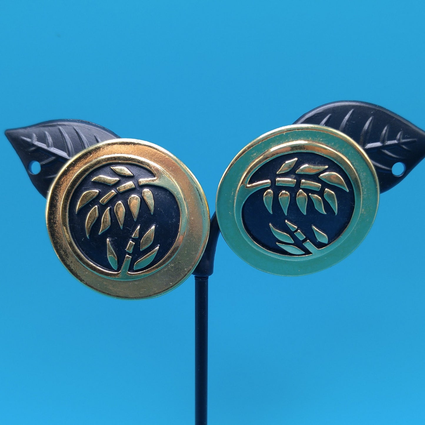 Laurel Burch Bamboo Large Post Earrings, Black Enamel, Gold Plated, 1980s Vintage Jewelry