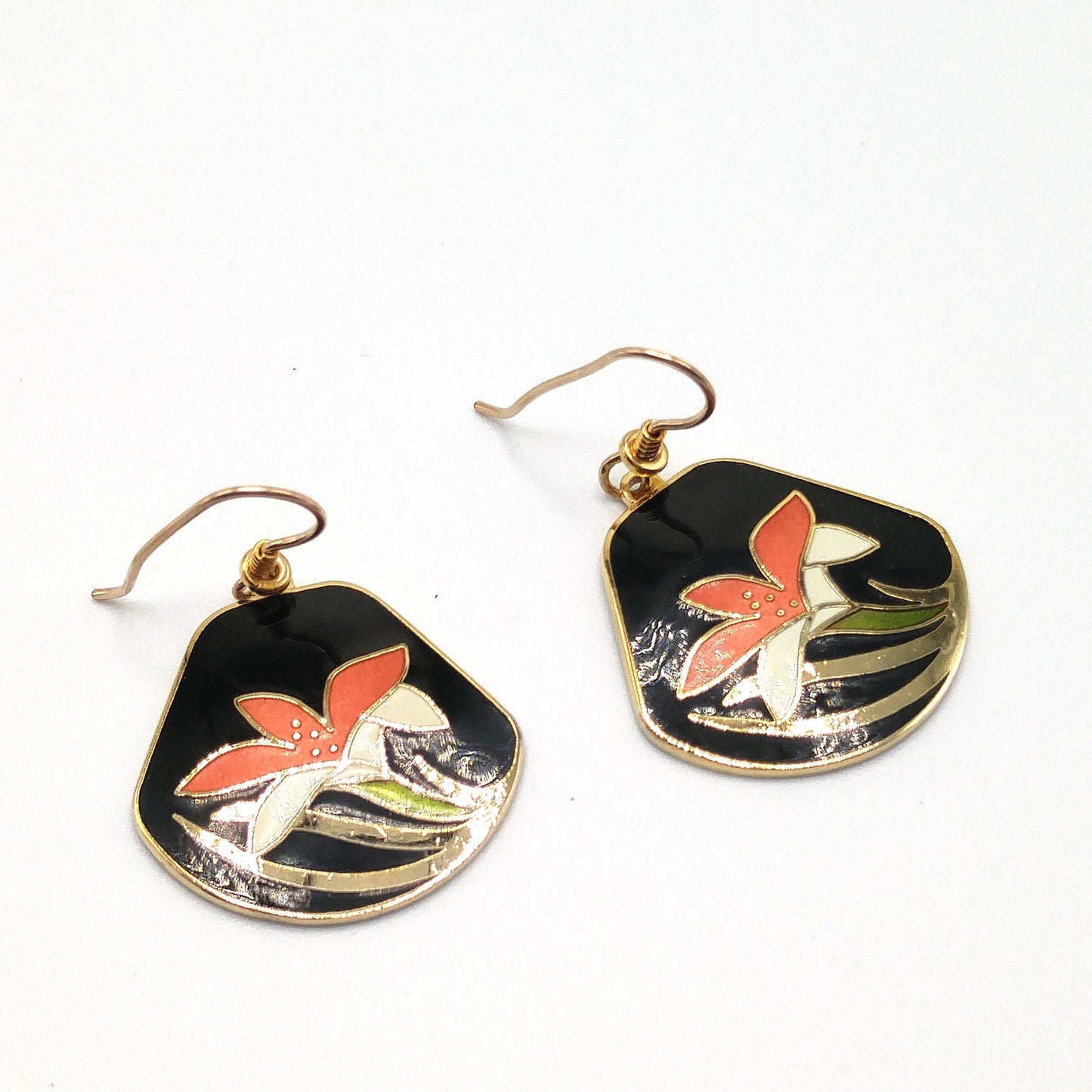 Vintage Laurel Burch Orange Lily Earrings, Cloisonne Enamel, Gold Plated, 1980s